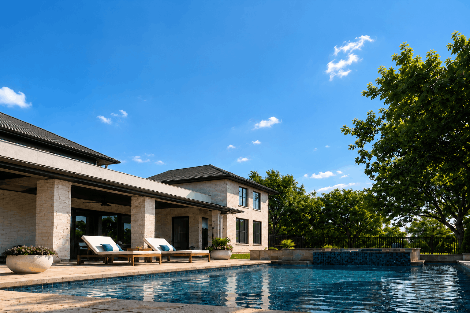 Sparkling backyard swimming pool beside a modern home in Dallas-Fort Worth